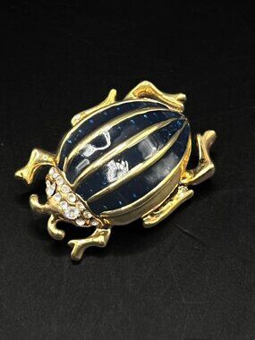 Vintage Beetle Brooch 18K Gold Electroplate, Enamel, Rhinestones Designer Marks
